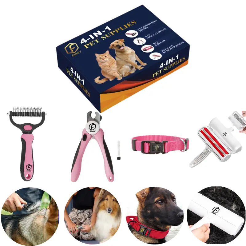 FIDEH’S 4-In-1 Pet Supplies-Reusable Cat and Dog Hair Remover Brush +Pet Grooming Double Sided Shedding Brush+Pet Nails Clippers & Trimmers+Razor Sharp Blade+Nylon Pet Collar for Medium Dogs (4Pcs Pink)