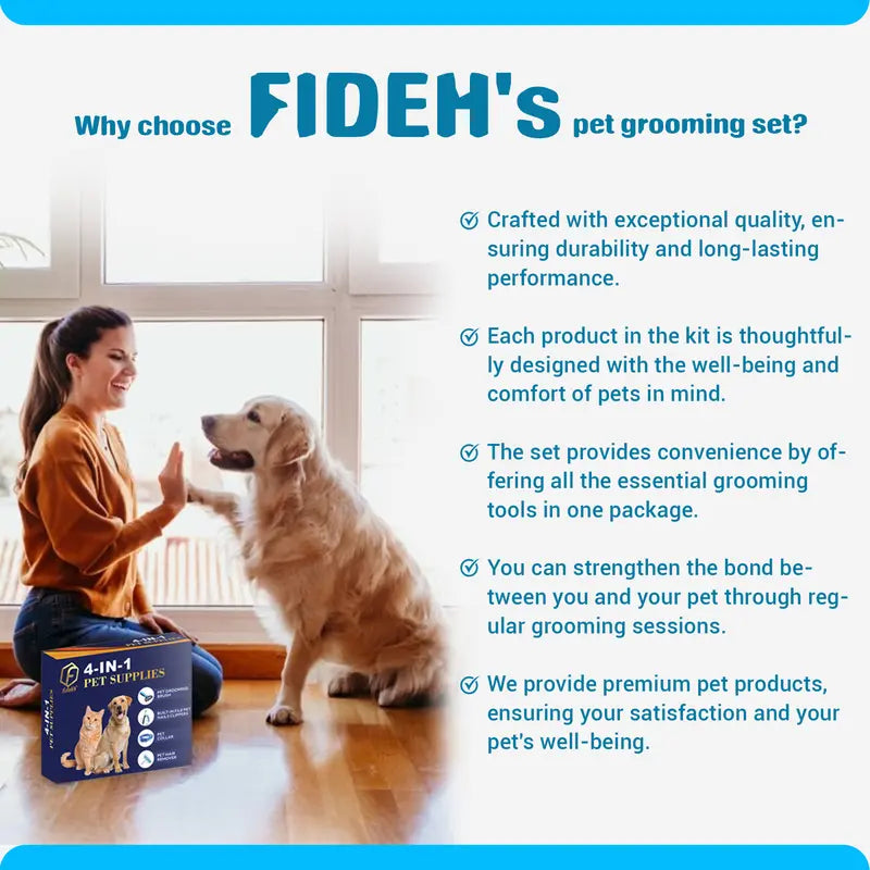 FIDEH’S 4-In-1 Pet Supplies-Reusable Cat and Dog Hair Remover Brush +Pet Grooming Double Sided Shedding Brush+Pet Nails Clippers & Trimmers+Razor Sharp Blade+Nylon Pet Collar for Medium Dogs (4Pcs Pink)
