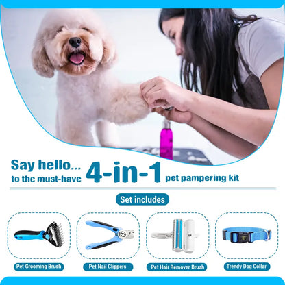 FIDEH’S 4-In-1 Pet Supplies-Reusable Cat and Dog Hair Remover Brush +Pet Grooming Double Sided Shedding Brush+Pet Nails Clippers & Trimmers+Razor Sharp Blade+Nylon Pet Collar for Medium Dogs (4Pcs Pink)
