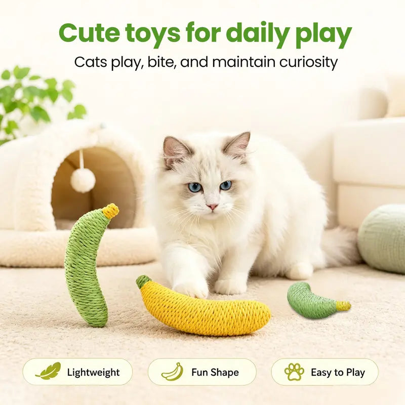 Sisal Banana Interactive Cat Toy - Small, Solid, 40G, Compact, Carryable, Textured for Chew & Bat, Scratching, Indoor Pet Play (Yellow/Green)